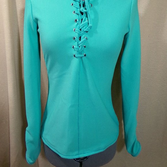 New Lace up Henley T-shirt Top XS Mint Green Bullet texture fabric Ruched sleeve - Picture 3 of 9